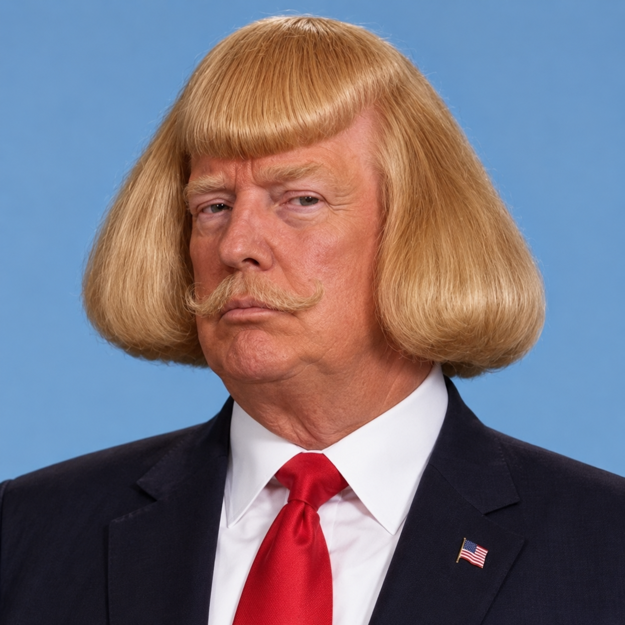 Jean Trump with a golden French bob haircut and curled moustache, wearing a dark suit and red tie